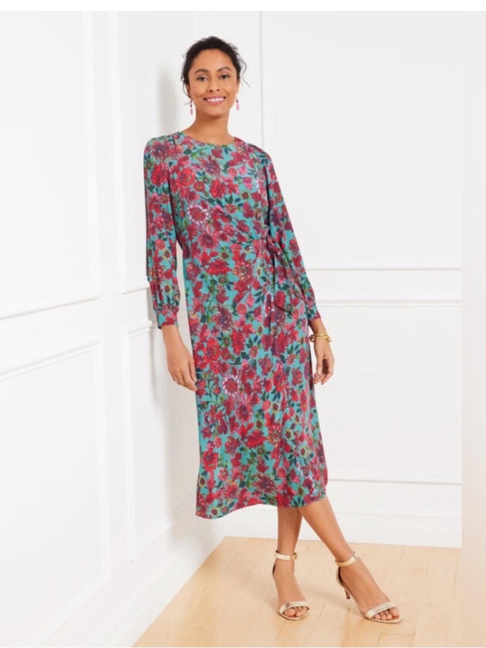 New Talbots Teal and Magenta Floral Midi Dress, Size 16